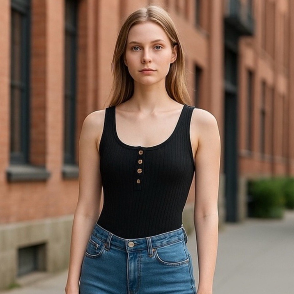 Intimately By Free People Black Ribbed Henley Button Tank Bodysuit Women Small‎